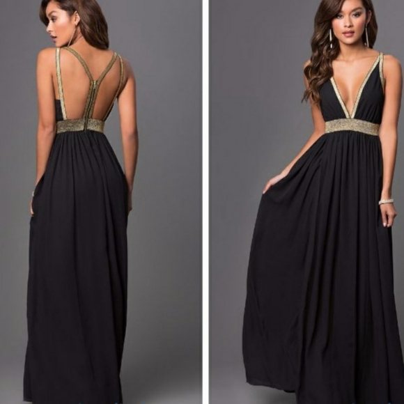 CQ BY CQ BLACK & GOLD Trim WOMEN'S SIZE Medium MAXI DRESS Strappy Lined #C - Picture 1 of 11
